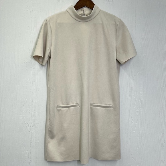 Zara - Ivory Cream Mock Neck Short Sleeve 2 Faux Pocket Mini Dress Size Medium - Picture 7 of 11